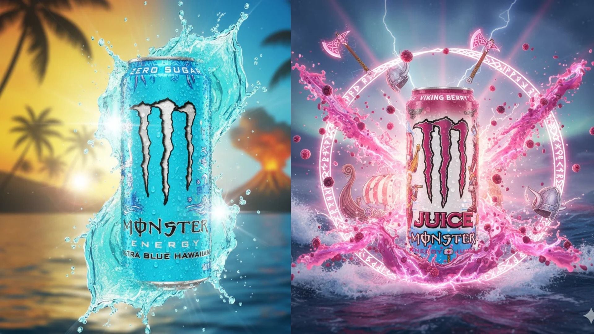 Monster Energy hero banner med fire eksklusive varianter – Ultra Blue Hawaiian, Juice Viking Berry, Juice Rio Punch og Juice Voodoo Grape – plassert på en våt reflekterende overflate med neonbelysning, damp og luksuriøs kinatisk lyssetting i 8K-kvalitet.
