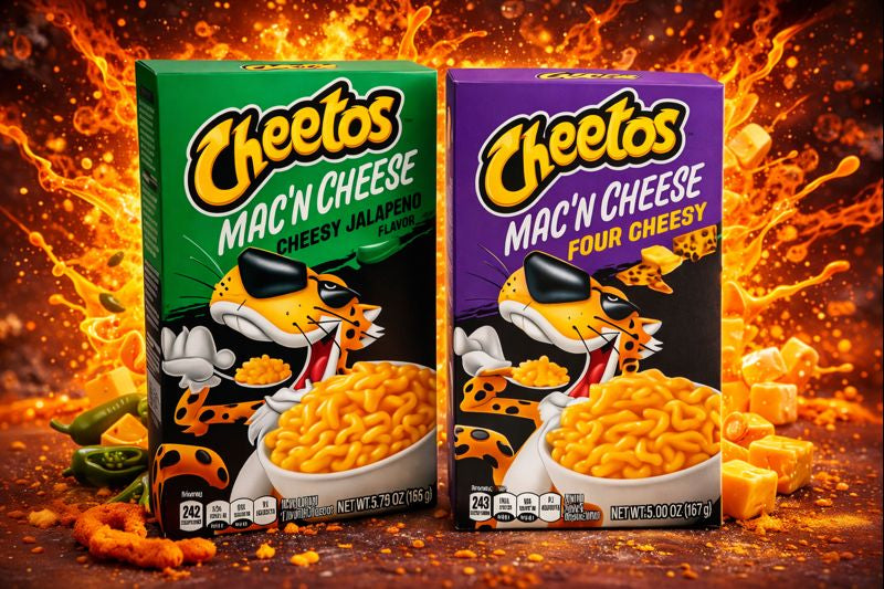 Cheetos Mac ’n Cheese Cheesy Jalapeño og Four Cheese i kraftig Cheetos-stil med eksploderende ost, flammer og kryddereffekter – fargerik produktvisualisering.