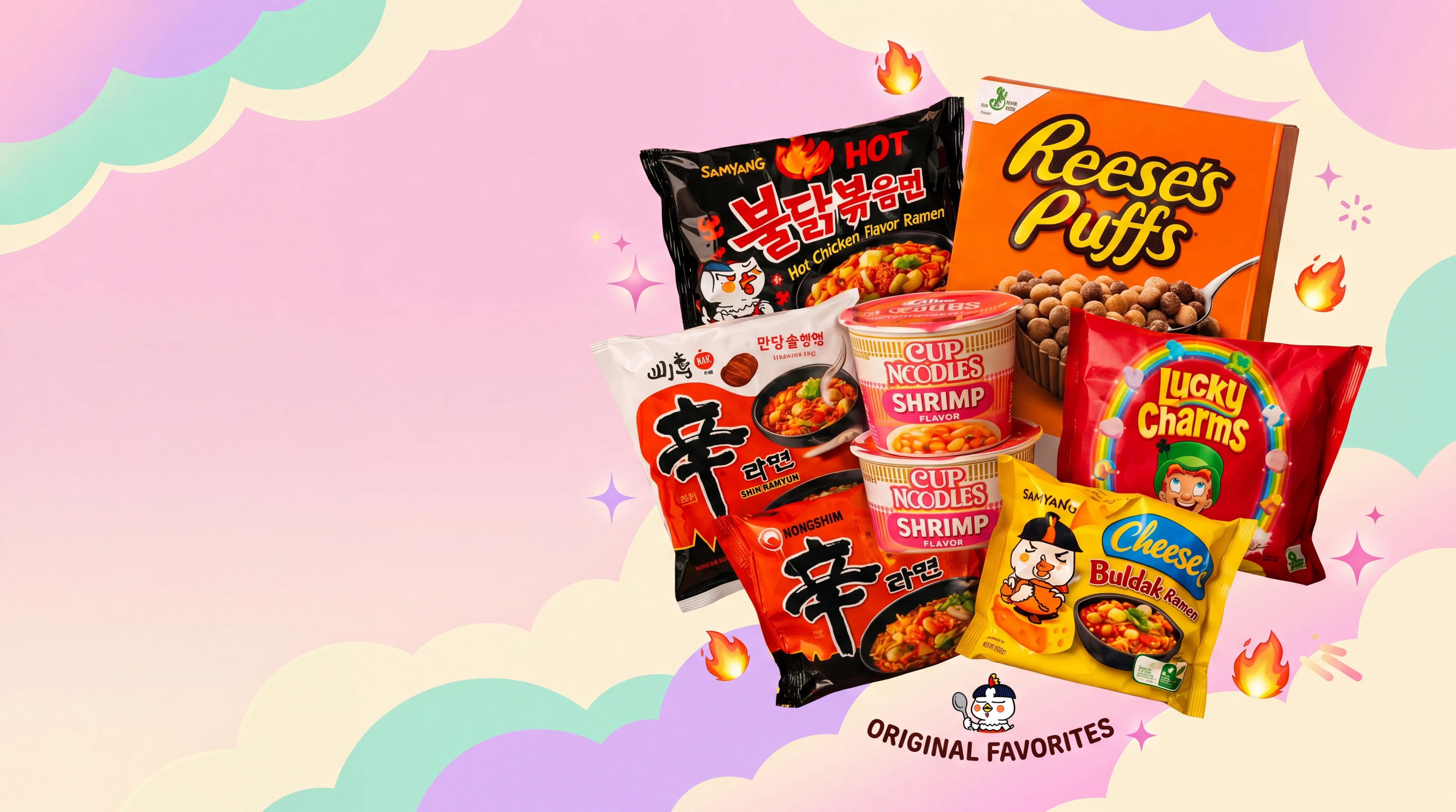 Assortert samlingsbilde av internasjonale snacks og nudler med Samyang Hot Chicken Ramen, Nongshim Shin Ramyun, Cup Noodles Shrimp, Reese’s Puffs, Lucky Charms og Samyang Cheese Buldak, presentert samlet for nettbutikk.