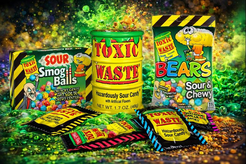 Toxic Waste godteri-samling med Hazardously Sour Candy-tønne, Nuclear Sludge chew bar, Sour Smog Balls, Sour Bears og individuelt innpakkede sure karameller.
