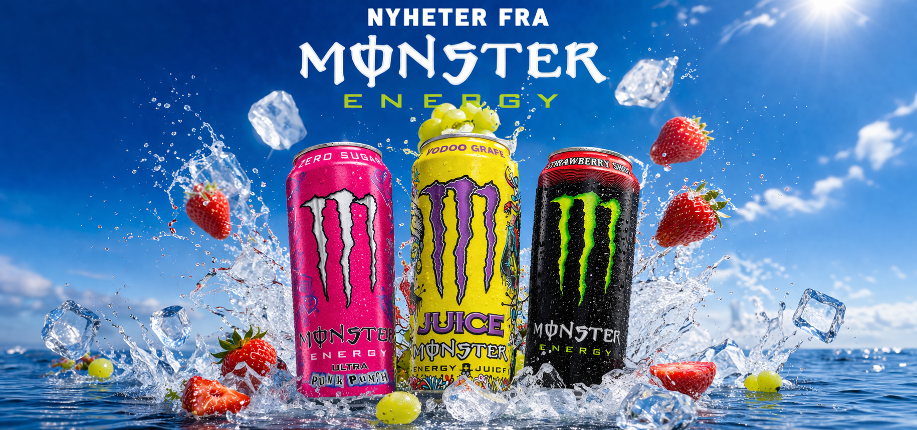 Monster Energy hero banner med fire eksklusive varianter – Ultra Blue Hawaiian, Juice Viking Berry, Juice Rio Punch og Juice Voodoo Grape – plassert på en våt reflekterende overflate med neonbelysning, damp og luksuriøs kinatisk lyssetting i 8K-kvalitet.