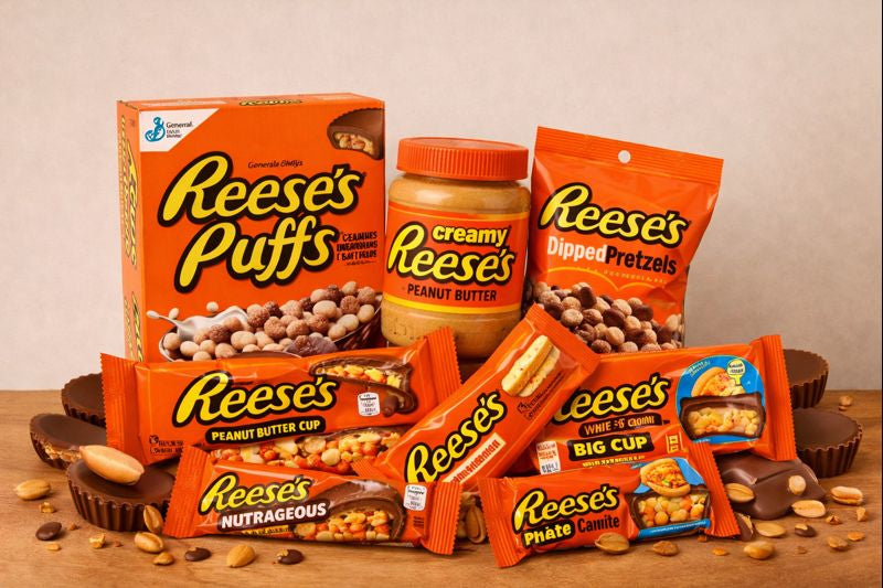 Reese’s produktkolleksjon med peanut butter cups, Reese’s Puffs frokostblanding, kremet peanøttsmør, sjokoladebarer, big cups og dipped pretzels, arrangert på bord med peanøtter og sjokolade