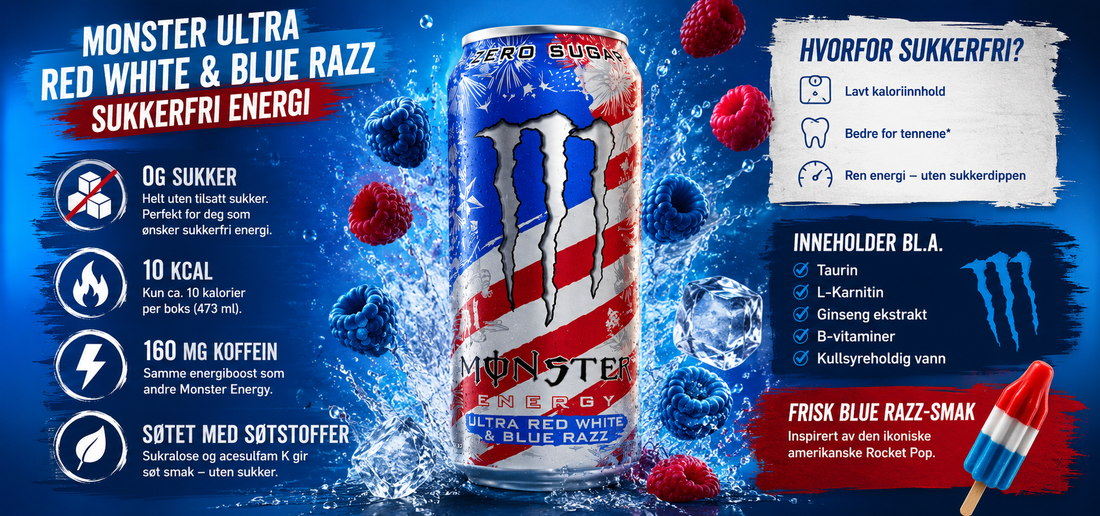 Er Monster Ultra Red White & Blue Razz sukkerfri? Alt du bør vite