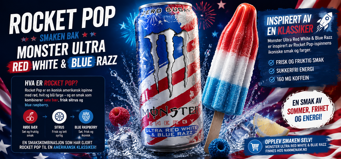 Hva er Rocket Pop? Smaken bak Monster Ultra Red White & Blue Razz