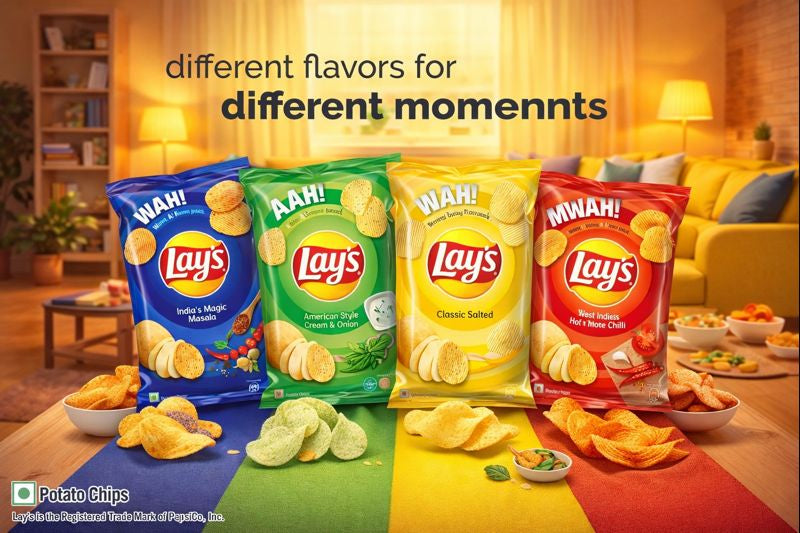 Lay’s potetgull i flere smaker samlet på fargerik bakgrunn – Classic Salted, Cream & Onion, Chili Limón og internasjonale varianter