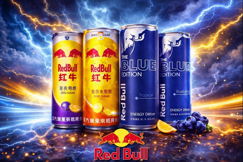 Red Bull energidrikk samling med Zero Sugar, kinesisk Red Bull, Yellow Edition og Blue Edition, presentert med dynamiske energi- og lyn-effekter på full bakgrunn