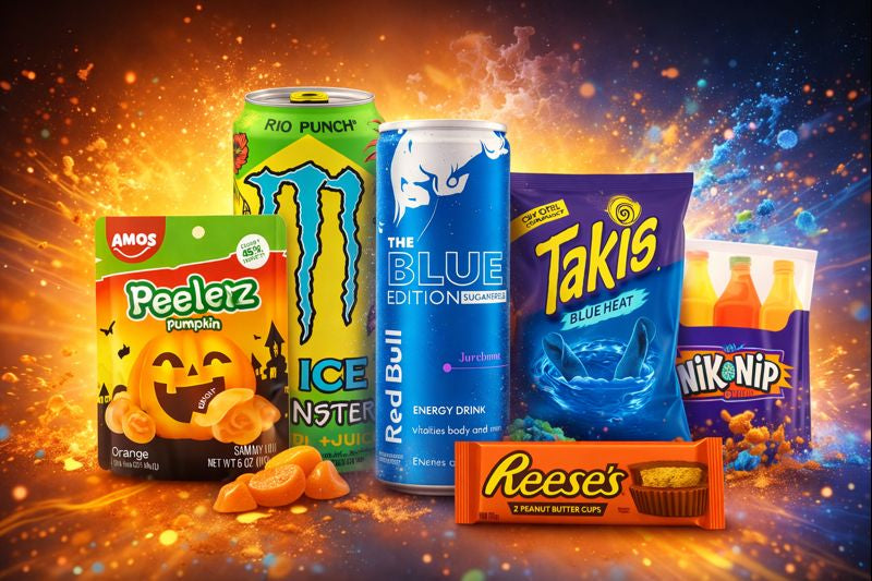 Restock og nyheter hos Dubai Sjokolade Norge – populære produkter som Monster Rio Punch, Red Bull Blue Edition, Takis Blue Heat, Reese’s Peanut Butter Cups og Amos Peelers Pumpkin. Amerikansk godteri, snacks og energidrikker på lager igjen i Norge