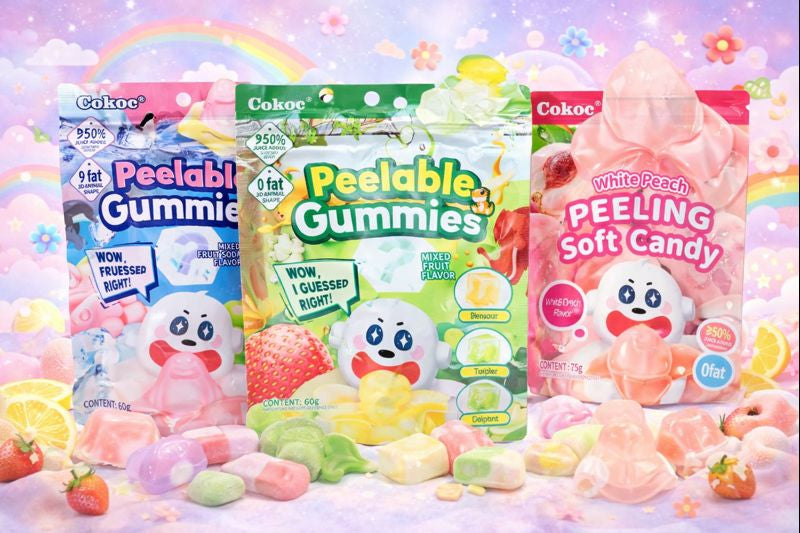 Cokoc Peelable Gummies og White Peach Peeling Soft Candy i fargerik samling med frukt, peel-effekter og myke gelégodterier