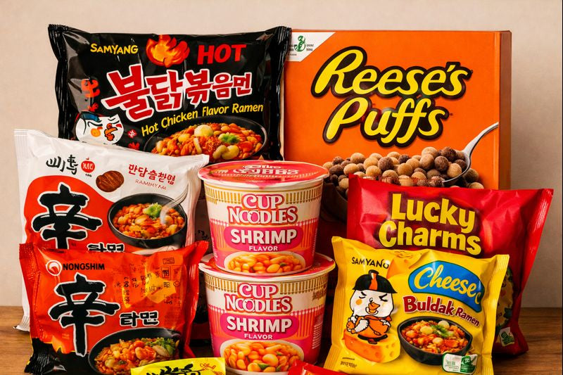 Assortert samlingsbilde av internasjonale snacks og nudler med Samyang Hot Chicken Ramen, Nongshim Shin Ramyun, Cup Noodles Shrimp, Reese’s Puffs, Lucky Charms og Samyang Cheese Buldak, presentert samlet for nettbutikk.