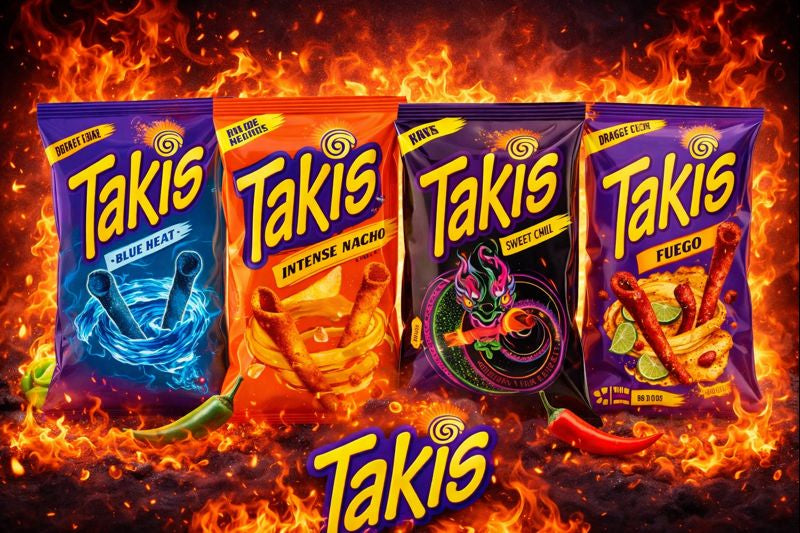 Takis Blue Heat, Intense Nacho og Fuego samlet i kraftig spicy komposisjon med hot chili-effekter og intense farger