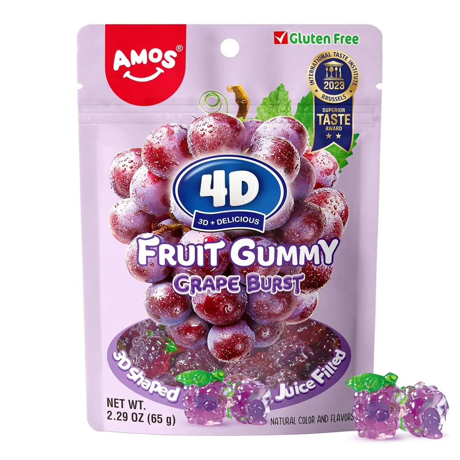 Amos 4D Fruit Gummy Grape Burst 65g – fruktgummi med søt druesmak og realistisk 4D-design.