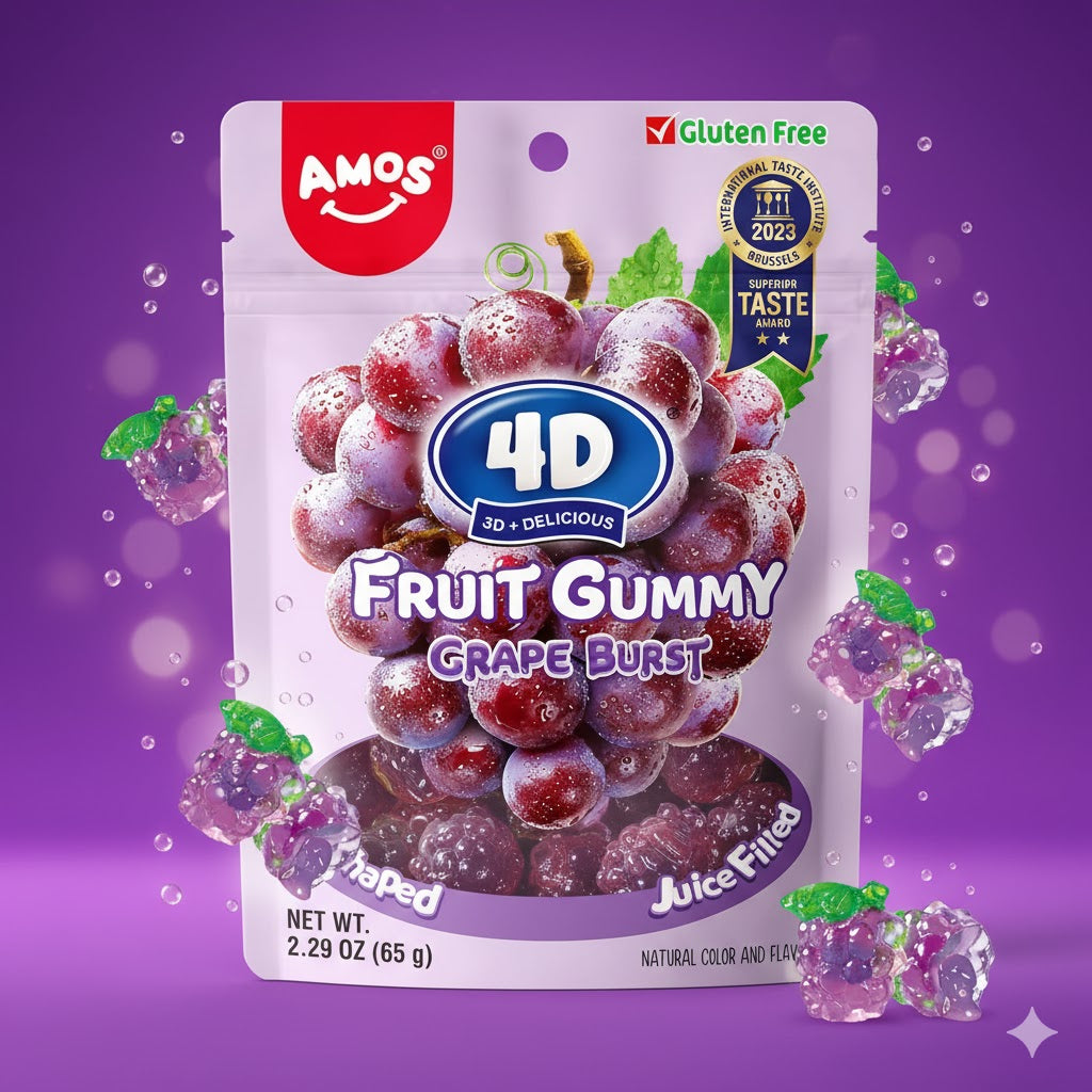 Amos 4D Fruit Gummy Grape Burst 65g – myke, fruktige og fargerike gummier formet som små drueklaser.