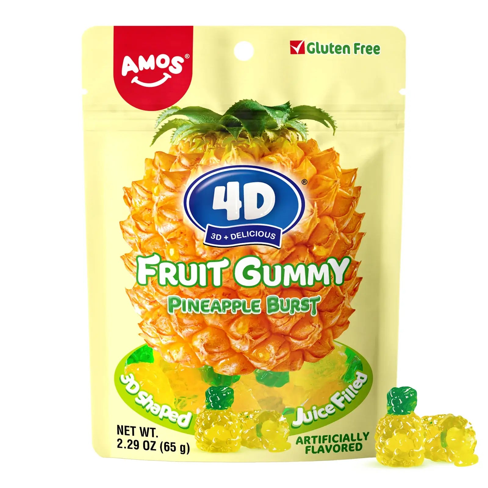 Amos 4D Fruit Gummy Pineapple Burst 65g – fruktgummi med tropisk ananassmak og realistisk 4D-design.