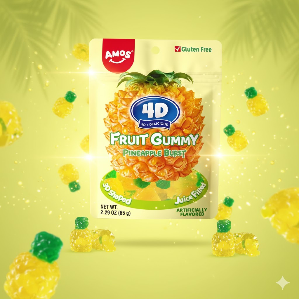 Amos 4D Fruit Gummy Pineapple Burst 65g – myke, fruktige og fargerike gummier formet som små ananaser.