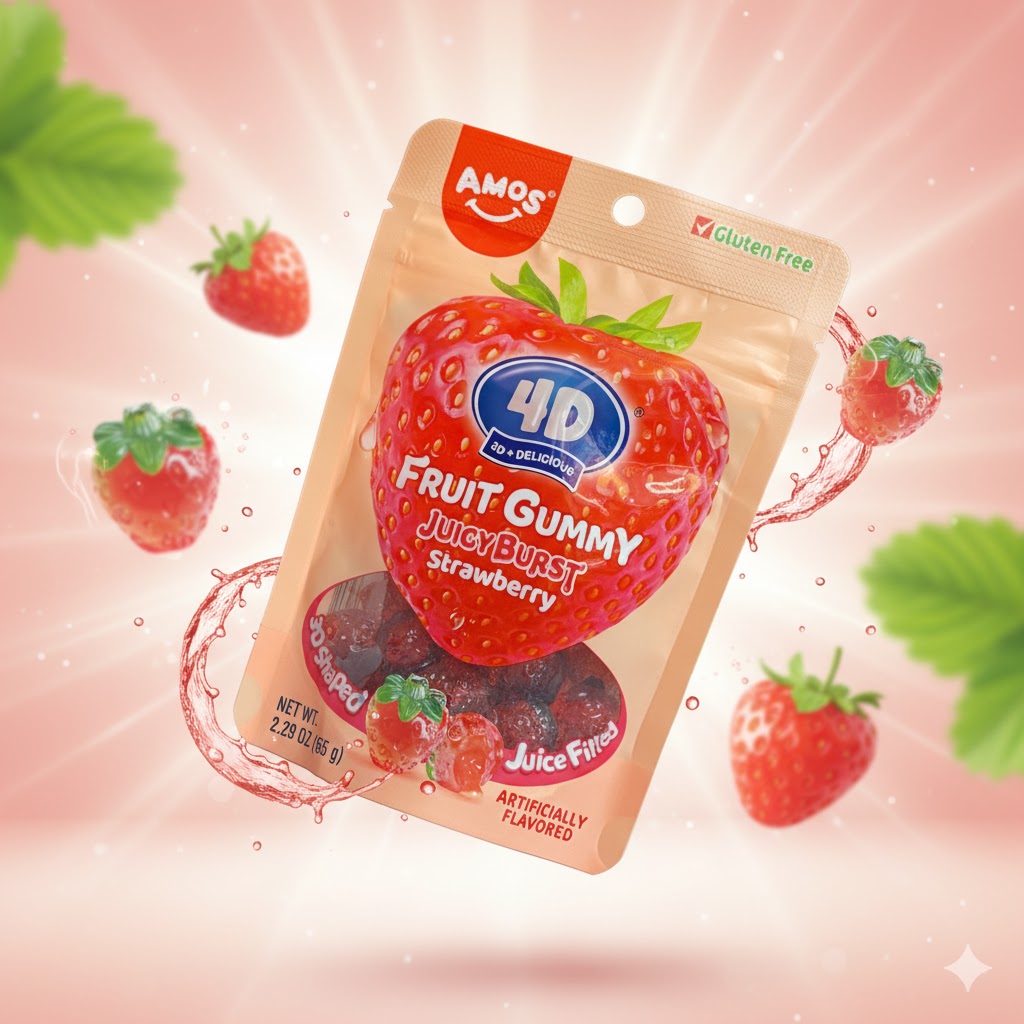 Amos 4D Fruit Gummy Strawberry Burst 65g – myke, fruktige gummier formet som små jordbær.