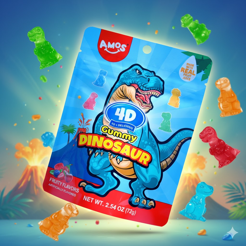 Amos 4D Gummy Dinosaur 65g – detaljerte fruktgummier i dinosaurform, myke, fargerike og perfekte for barn.