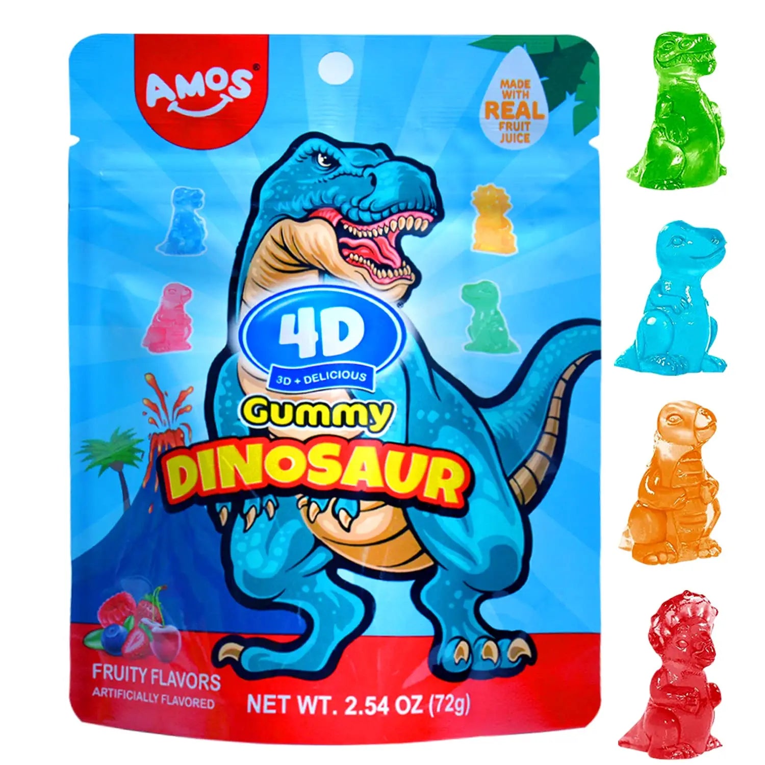 Amos 4D Gummy Dinosaur 65g – realistisk fruktgummi formet som dinosaurer i 4D med søt fruktaroma.