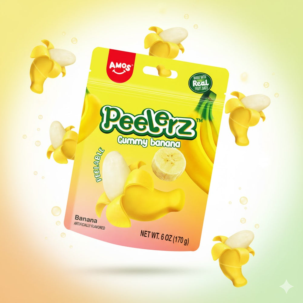 Amos Peelerz Banana 170g – realistisk og tropisk banangodteri som ser ut som ekte frukt.