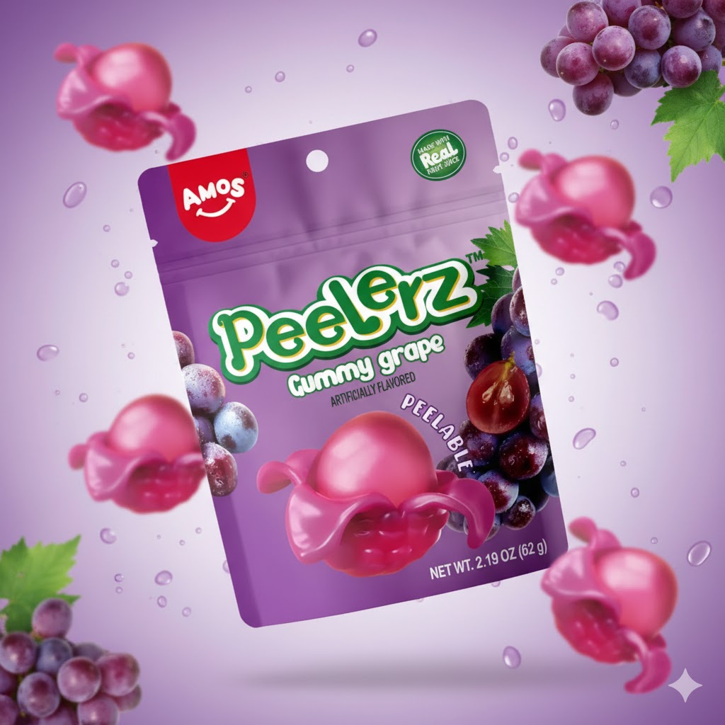 Amos Peelerz Gummy Grape 170g – mykt, chewy og fruktinspirert skrellbart godteri fra Amos.