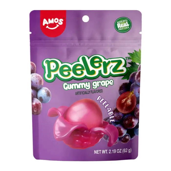 Amos Peelerz Gummy Grape 170g – skrellbart druegodteri med realistisk fruktutseende.