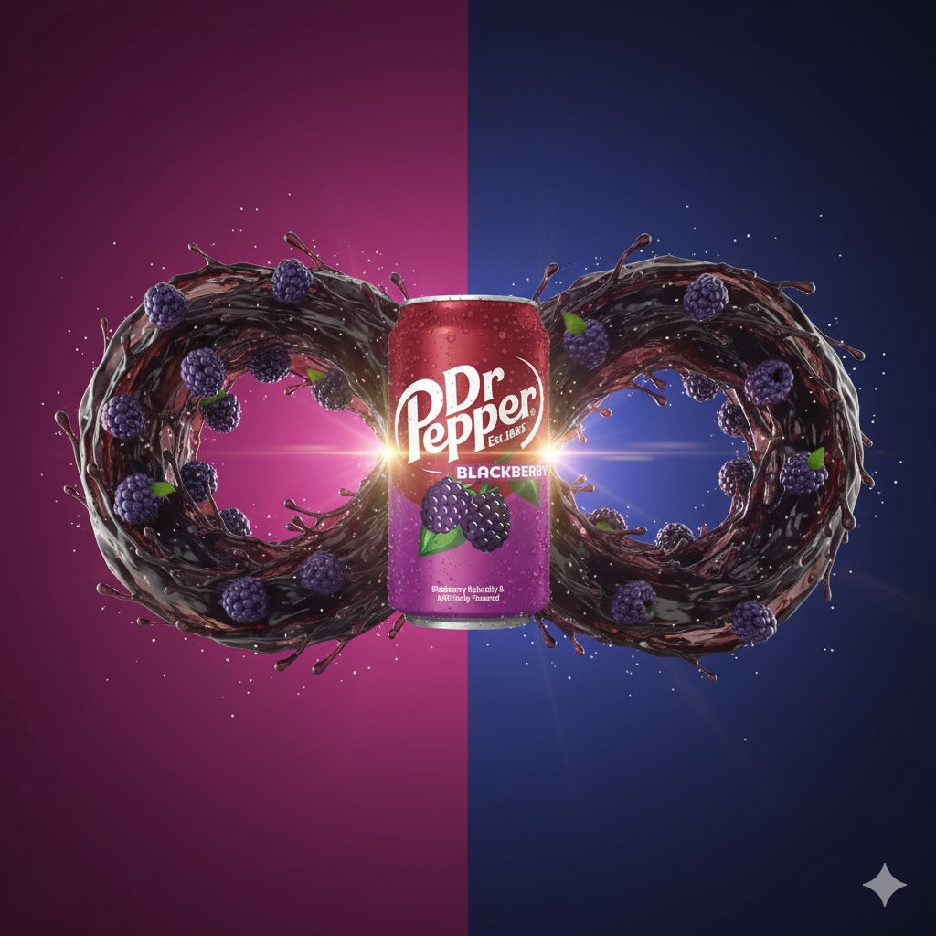Dr Pepper Blackberry 355ml (USA) – fruktig og fyldig variant av klassisk Dr Pepper med søt bjørnebærsmak.