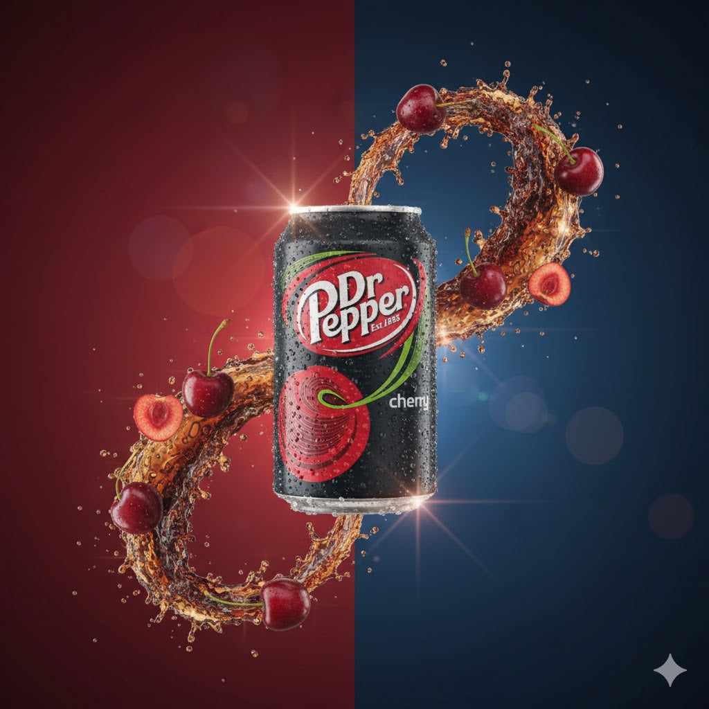 Dr Pepper Cherry 355ml (USA) – klassisk Dr Pepper-variant med fruktig kirsebær og autentisk amerikansk smak.