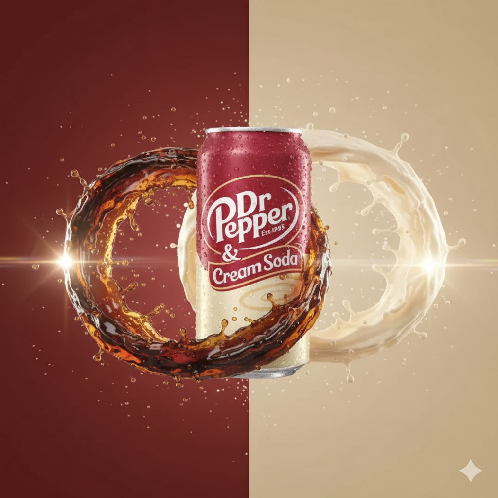 Dr Pepper Cream Soda 355ml (USA) – fyldig, søt og nostalgisk brus med smak av vanilje og Dr Pepper.