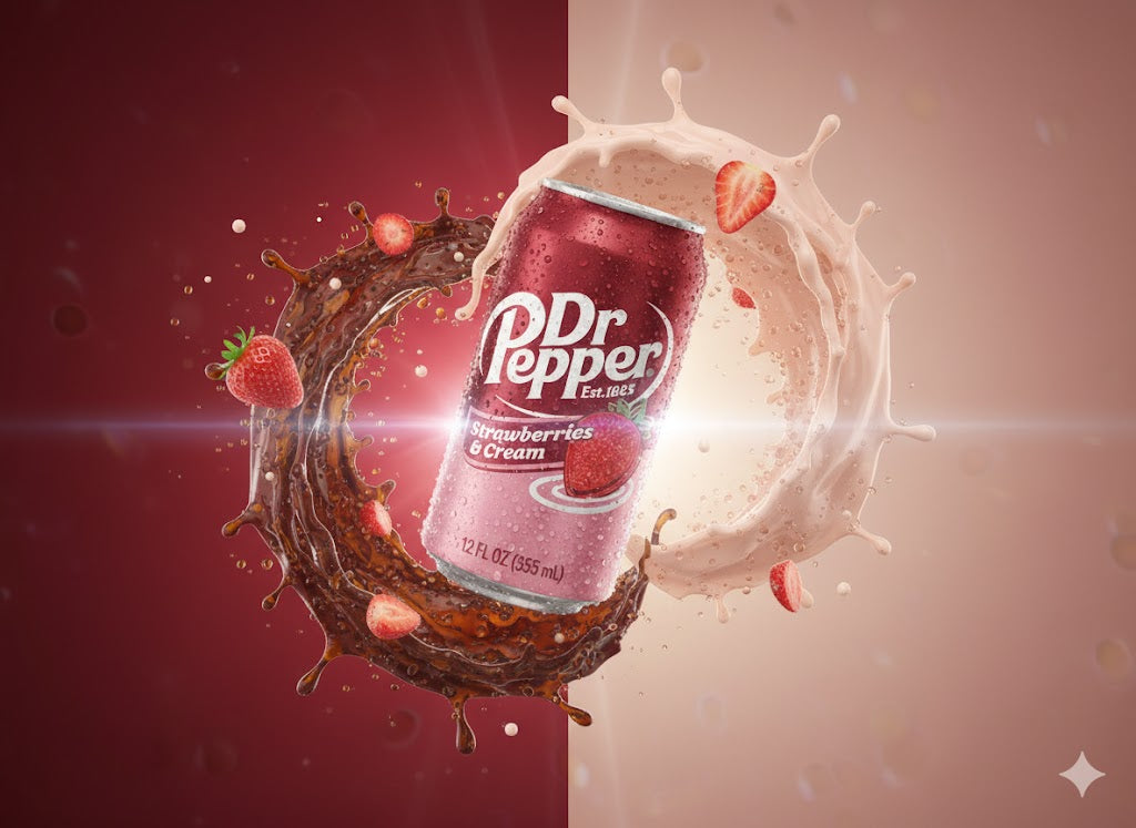 Dr Pepper Strawberries & Cream 355ml (USA) – limited edition Dr Pepper med søt og kremet jordbærsmak.