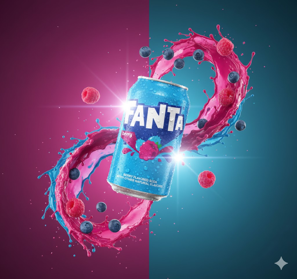 Fanta Berry 355ml (USA) – forfriskende amerikansk Fanta med søt bærsmak og dyp blå farge.