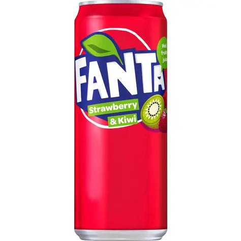 Fanta Strawberry & Kiwi 330ml – fruktig brus med søt jordbær og frisk kiwi-smak.