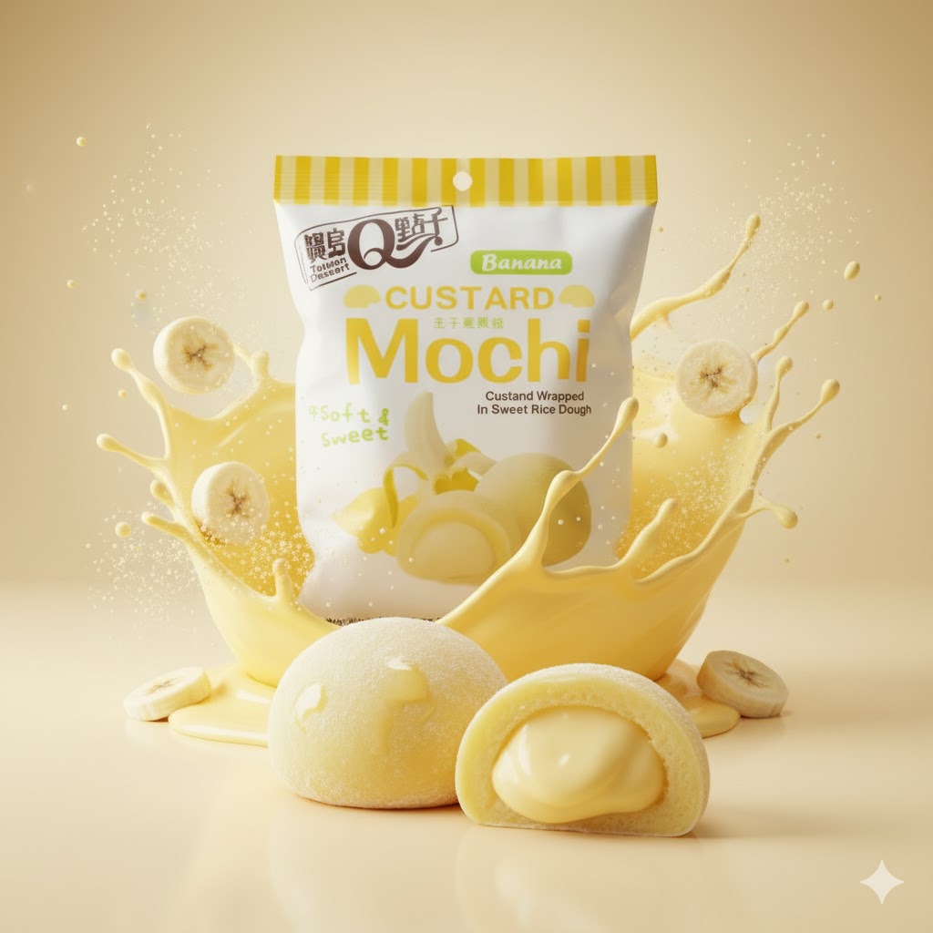 Japansk mochi Banana 110g – autentisk dessert fra Taiwan med søt banankrem og silkemyk tekstur.