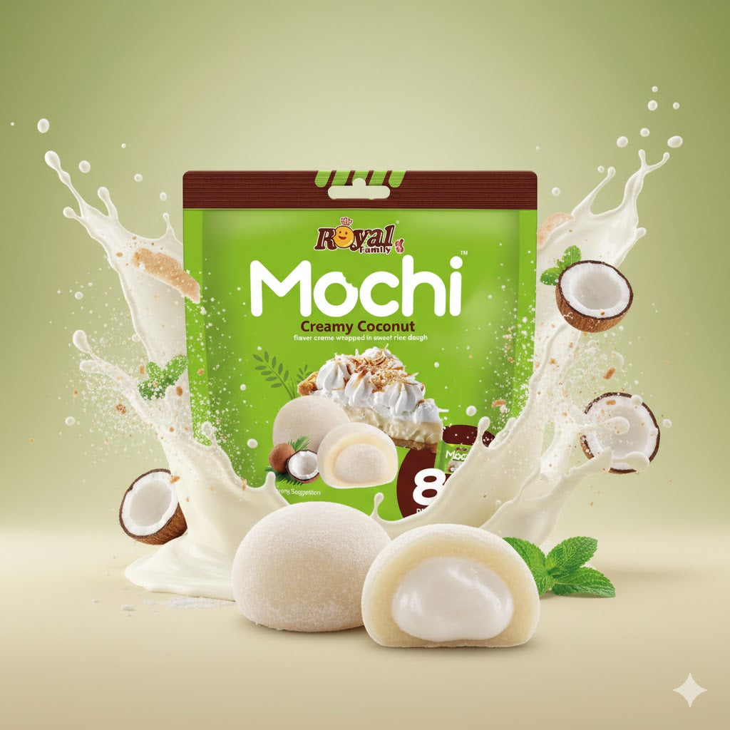 Japansk mochi Creamy Coconut 120g – luksuriøs dessert fra Taiwan med myk risdeig og fløyelsmyk kokosaroma.
