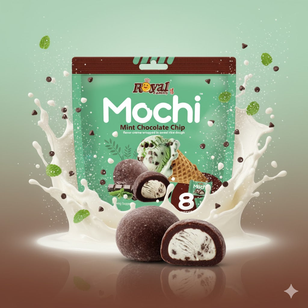 Japansk mochi Mint Chocolate Chip 120g – autentisk dessert fra Taiwan med forfriskende mintfyll og kremet sjokolade.
