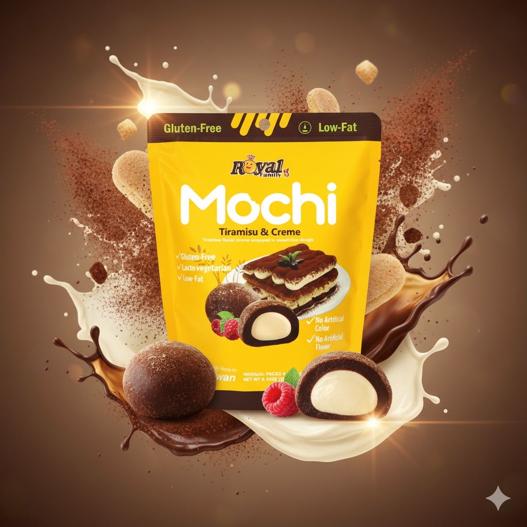 Japansk mochi Tiramisu & Creme 120g – luksuriøs dessert fra Taiwan med myk risdeig og fyldig tiramisu-krem.
