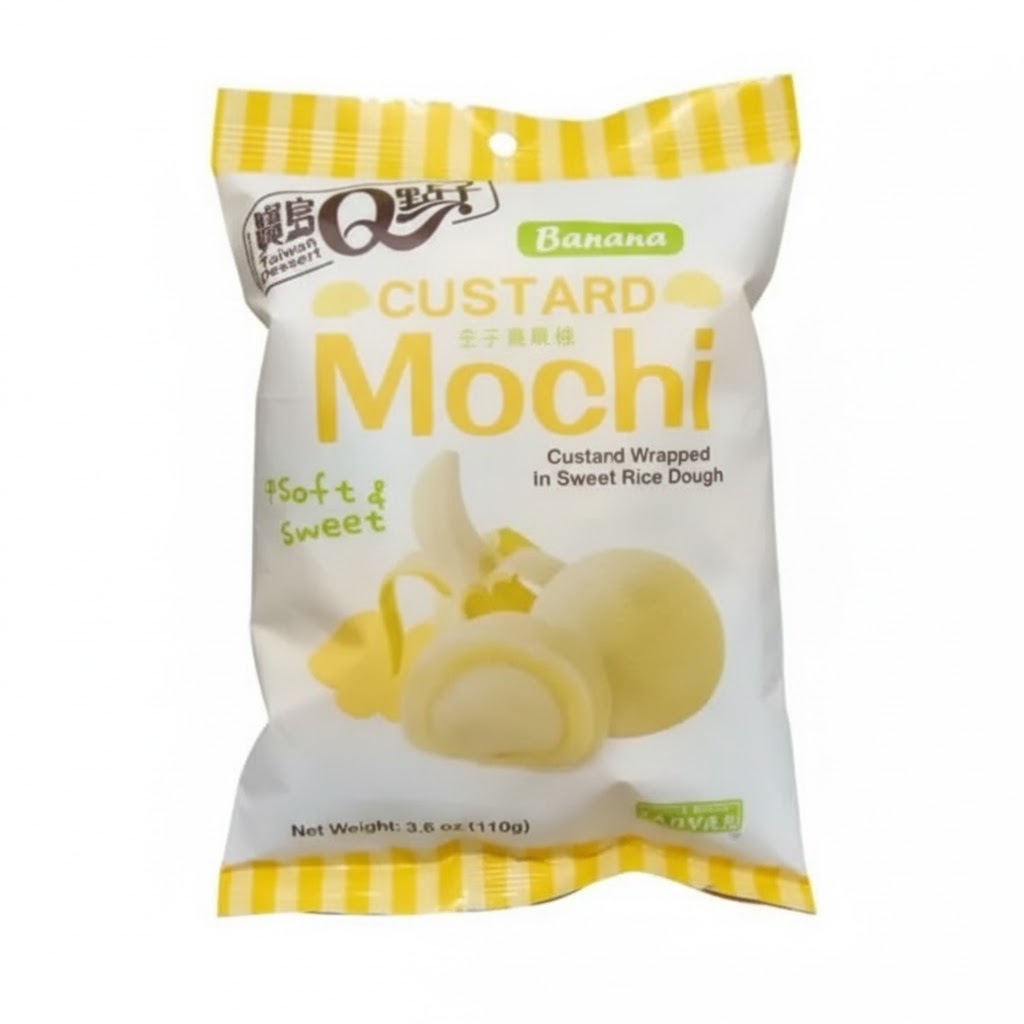 Q Custard Mochi Banana 110g – japansk-inspirert mochi fra Taiwan med kremet bananfyll og myk risdeig.