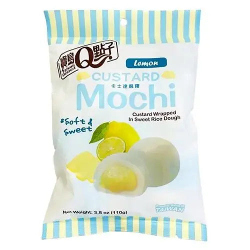 Q Custard Mochi Lemon 110g – japansk-inspirert mochi fra Taiwan med frisk sitronfyll og myk risdeig.