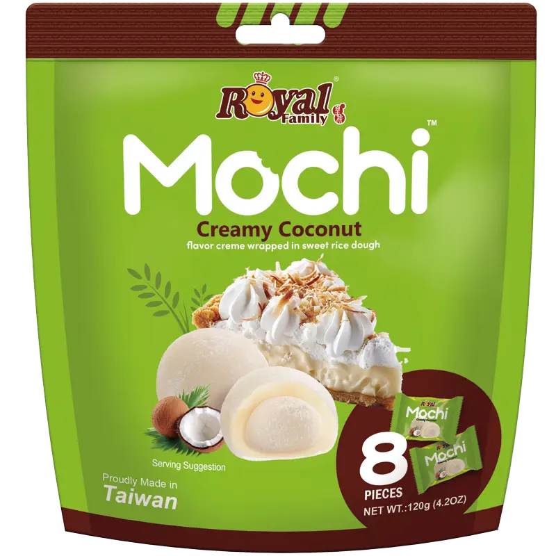 Royal Family Mochi Creamy Coconut 120g – japansk-inspirert mochi fra Taiwan med kremet kokosfyll og autentisk tropisk smak.