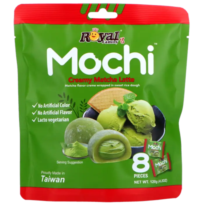 Royal Family Mochi Creamy Matcha Latte 120g – japansk-inspirert mochi fra Taiwan med kremet matcha-fyll og autentisk grønn te-smak.
