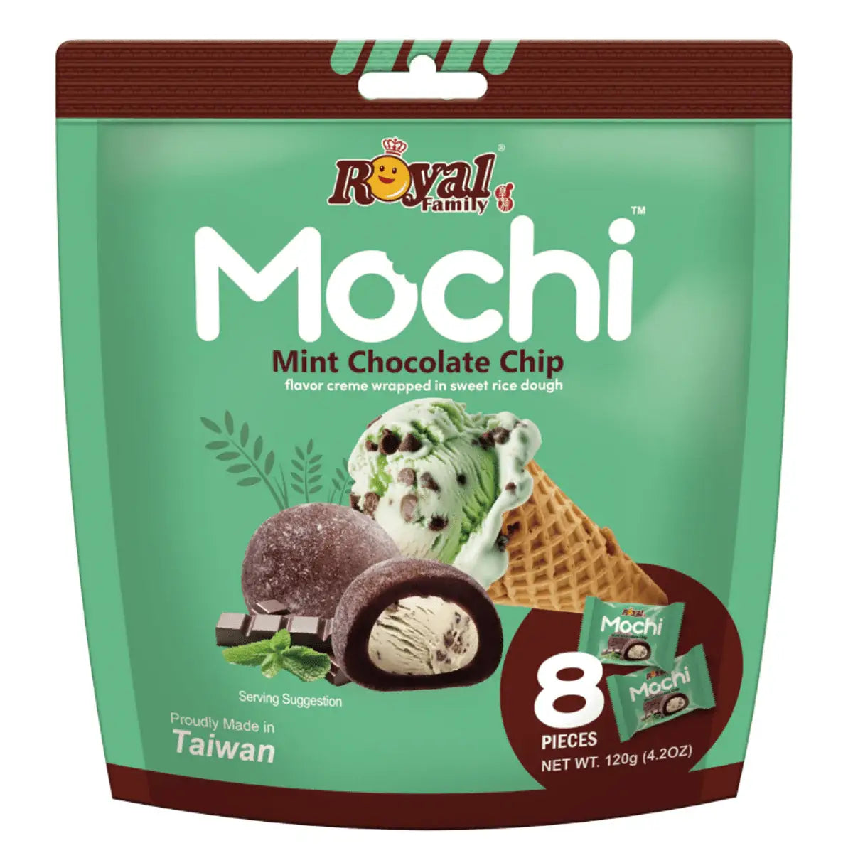 Royal Family Mochi Mint Chocolate Chip 120g – japansk-inspirert mochi fra Taiwan med myk risdeig, frisk mint og sjokoladebiter.