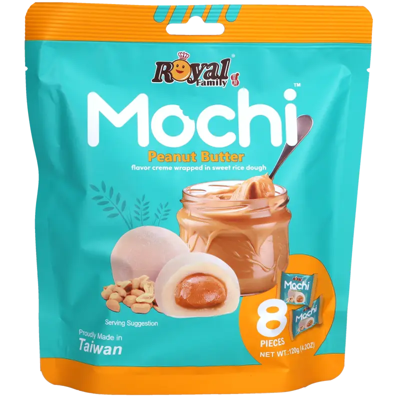 Royal Family Mochi Peanut Butter 120g – japansk-inspirert mochi fra Taiwan med kremet peanøttsmør og myk tekstur.