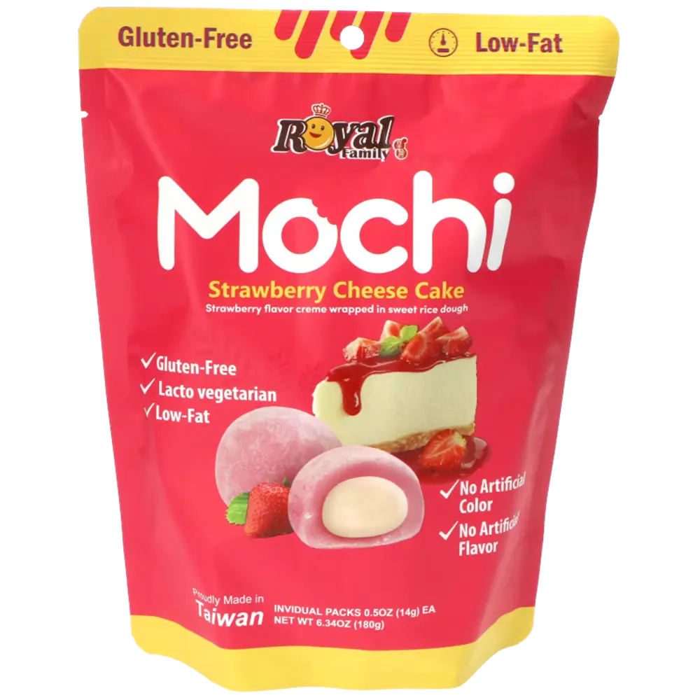 Royal Family Mochi Strawberry Cheese Cake 120g – japansk-inspirert mochi fra Taiwan med fyldig ostekake- og jordbærfyll.